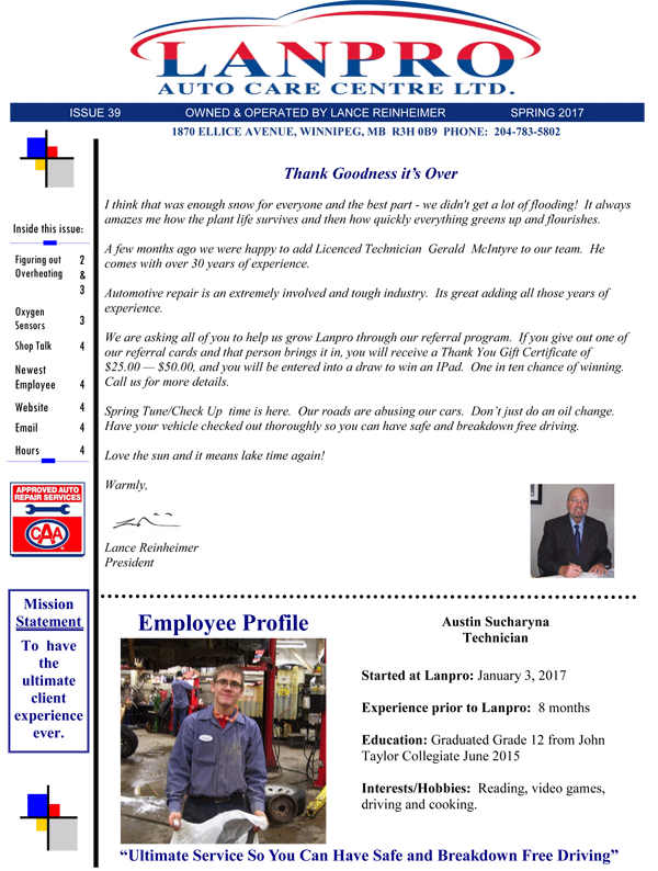 Lanpro Auto Care Centre Ltd. Newsletter