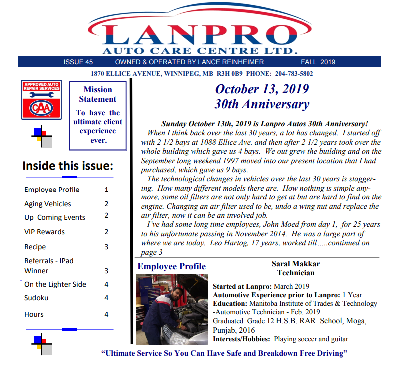 Click here to read our Fall 2019 Newsletter