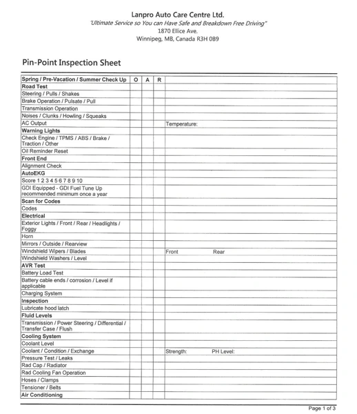 Spring Inspection Sheet