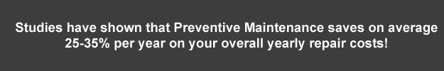 Preventive maintenance saves on average 25-35% per year on your overall yearly repair costs!
