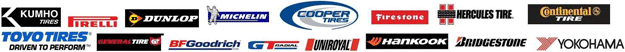 Kumho Tires, Pirelli Tires, Dunlop Tires, Michelin Tires, Cooper Tires, Firestone Tires, Hercules Tires, Continental Tires, Toyo Tires, General Tire, BFGoodrich Tires, GT Radial Tires, Uniroyal Tires, Hankook Tires, Bridgestone Tires, Yokohama Tires